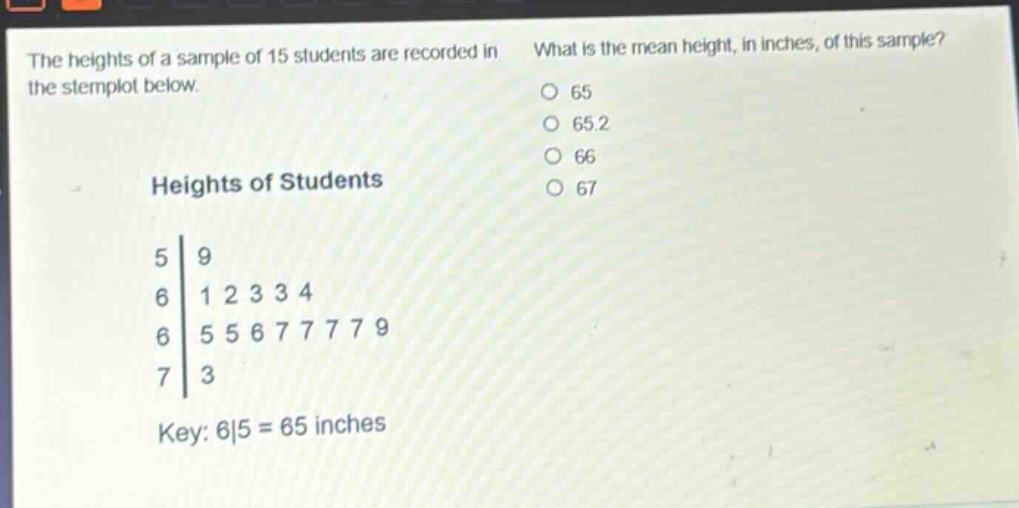 the heights of a sample of 15 students are recorded in the stemplot below. what is the mean height, in inches, of this sample? heights of students 5|9 6|1 2 3 3 4 6|5 5 6 7 7 7 7 9 7|3 key: 6|5 = 65 inches