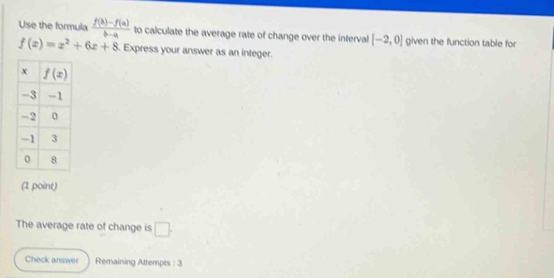use the formula f(b)-f(a)/b - a to calculate the average rate of change over the interval -2,0 given the function table for f(x)=x² + 6x + 8. express your answer as an integer. x f(x) -3 -1 -2 0 -1 3 0 8 (1 point) the average rate of change is. check answer remaining attempts : 3