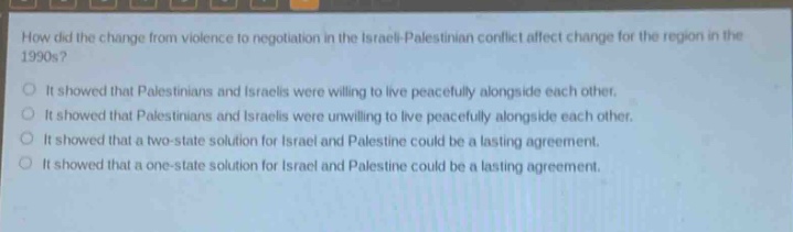 how did the change from violence to negotiation in the israeli - palestinian conflict affect change for the region in the 1990s?\nit showed that palestinians and israelis were willing to live peacefully alongside each other.\nit showed that palestinians and israelis were unwilling to live peacefully alongside each other.\nit showed that a two - state solution for israel and palestine could be a lasting agreement.\nit showed that a one - state solution for israel and palestine could be a lasting agreement.