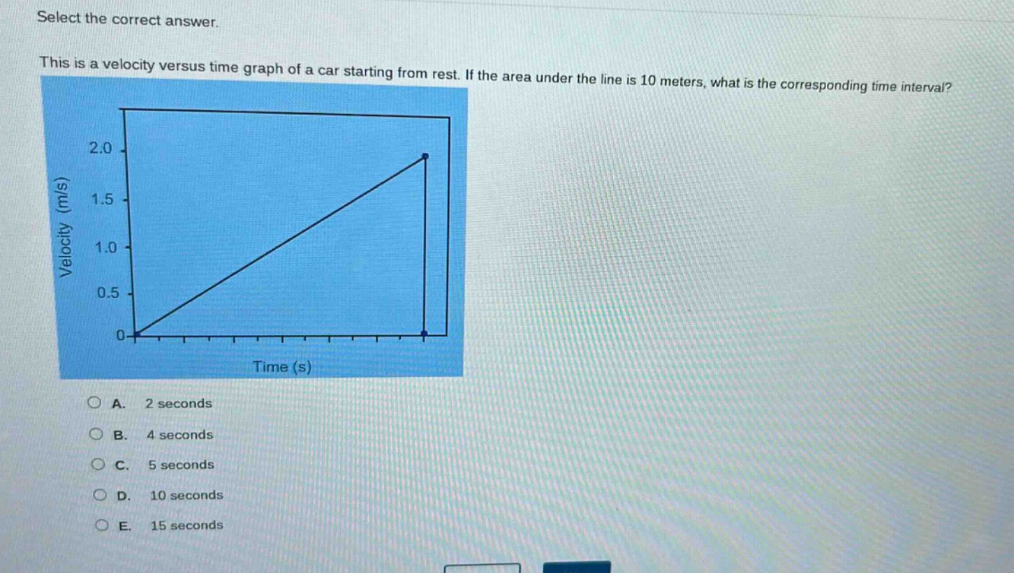 select the correct answer. this is a velocity versus time graph of a car starting from rest. if the area under the line is 10 meters, what is the corresponding time interval? a. 2 seconds b. 4 seconds c. 5 seconds d. 10 seconds e. 15 seconds