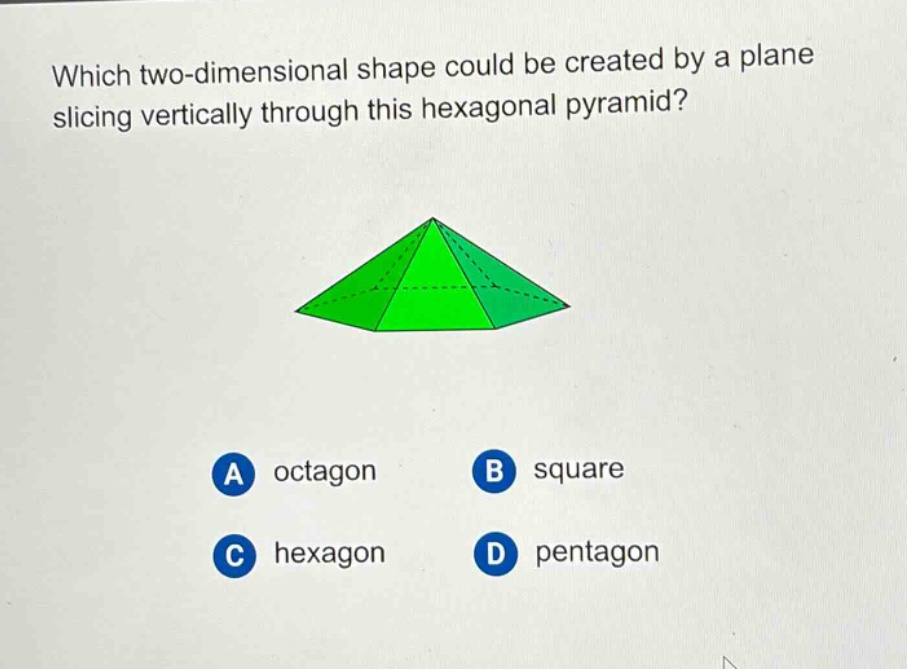 which two - dimensional shape could be created by a plane slicing vertically through this hexagonal pyramid? a octagon b square c hexagon d pentagon