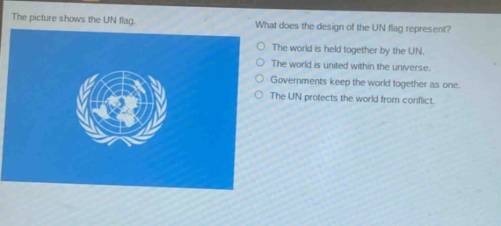 the picture shows the un flag. what does the design of the un flag represent? the world is held together by the un. the world is united within the universe. governments keep the world together as one. the un protects the world from conflict.
