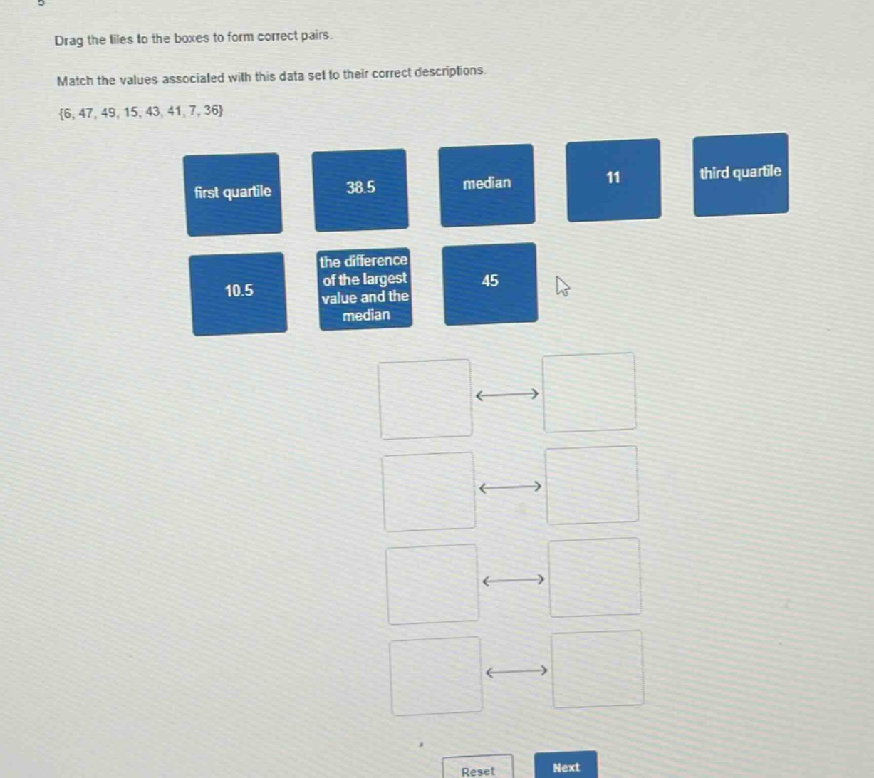 drag the tiles to the boxes to form correct pairs. match the values associated with this data set to their correct descriptions. {6, 47, 49, 15, 43, 41, 7, 36} first quartile 38.5 median 11 third quartile 10.5 the difference of the largest value and the median 45