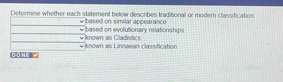 determine whether each statement below describes traditional or modern classification. based on similar appearance based on evolutionary relationships known as cladistics known as linnaean classification