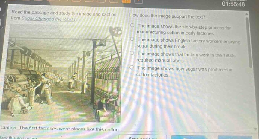 read the passage and study the image and caption from sugar changed the world. how does the image support the text? the image shows the step - by - step process for manufacturing cotton in early factories. the image shows english factory workers enjoying sugar during their break. the image shows that factory work in the 1800s required manual labor. the image shows how sugar was produced in cotton factories. caption: the first factories were places like this cotton