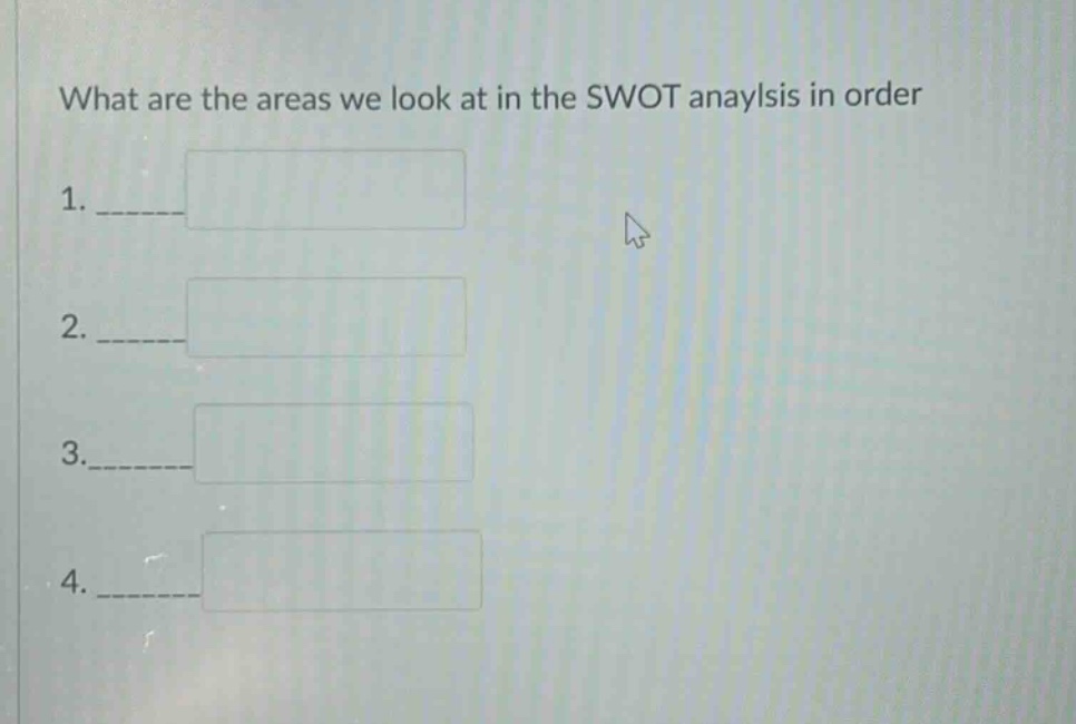 what are the areas we look at in the swot anaylsis in order 1.____ 2.____ 3.____ 4.____