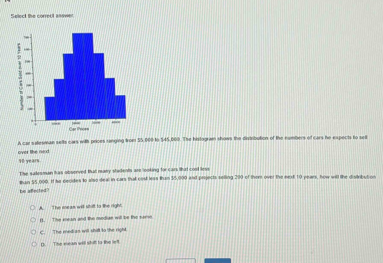 select the correct answer. a car salesman sells cars with prices ranging from $5,000 to $45,000. the histogram shows the distribution of the numbers of cars he expects to sell over the next 10 years. the salesman has observed that many students are looking for cars that cost less than $5,000. if he decides to also deal in cars that cost less than $5,000 and projects selling 200 of them over the next 10 years, how will the distribution be affected? a. the mean will shift to the right. b. the mean and the median will be the same. c. the median will shift to the right. d. the mean will shift to the left.