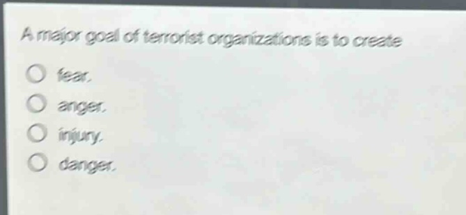 a major goal of terrorist organizations is to create\no fear.\no anger.\no injury.\no danger.