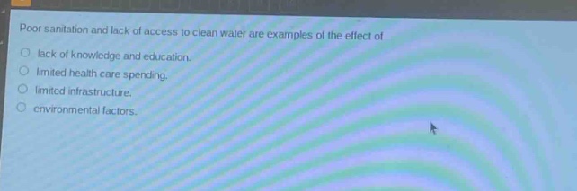 poor sanitation and lack of access to clean water are examples of the effect of\nlack of knowledge and education.\nlimited health care spending.\nlimited infrastructure.\nenvironmental factors.