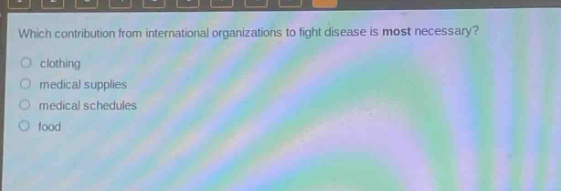 which contribution from international organizations to fight disease is most necessary?\nclothing\nmedical supplies\nmedical schedules\nfood