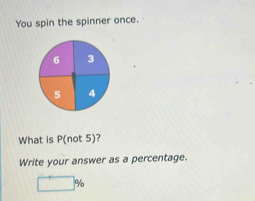 you spin the spinner once. what is p(not 5)? write your answer as a percentage. %