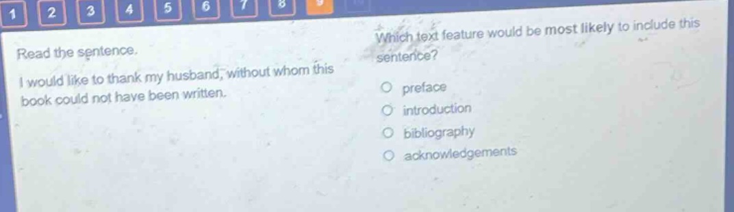 read the sentence. i would like to thank my husband, without whom this book could not have been written. which text feature would be most likely to include this sentence? preface introduction bibliography acknowledgements
