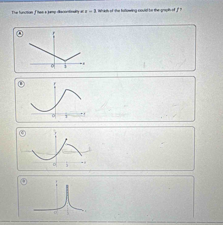 the function f has a jump discontinuity at x = 3. which of the following could be the graph of f?