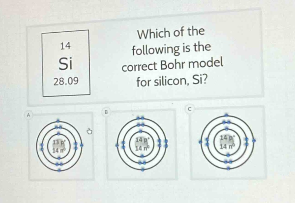 14 si 28.09 which of the following is the correct bohr model for silicon, si?