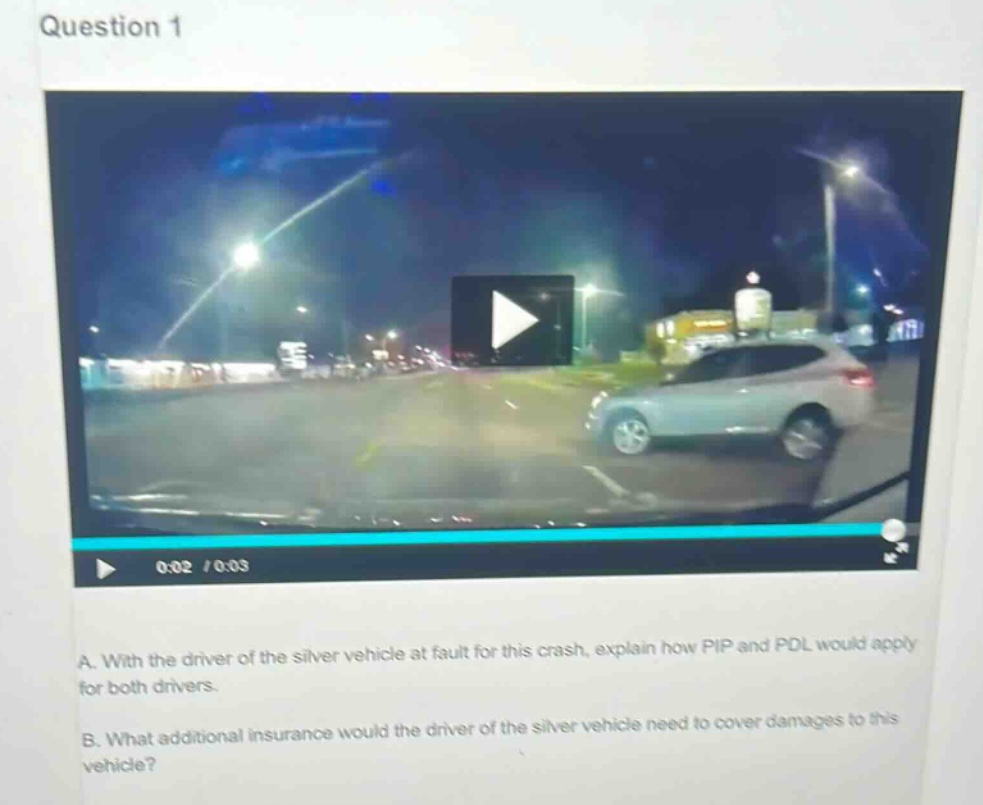 question 1\na. with the driver of the silver vehicle at fault for this crash, explain how pip and pdl would apply for both drivers.\nb. what additional insurance would the driver of the silver vehicle need to cover damages to this vehicle?