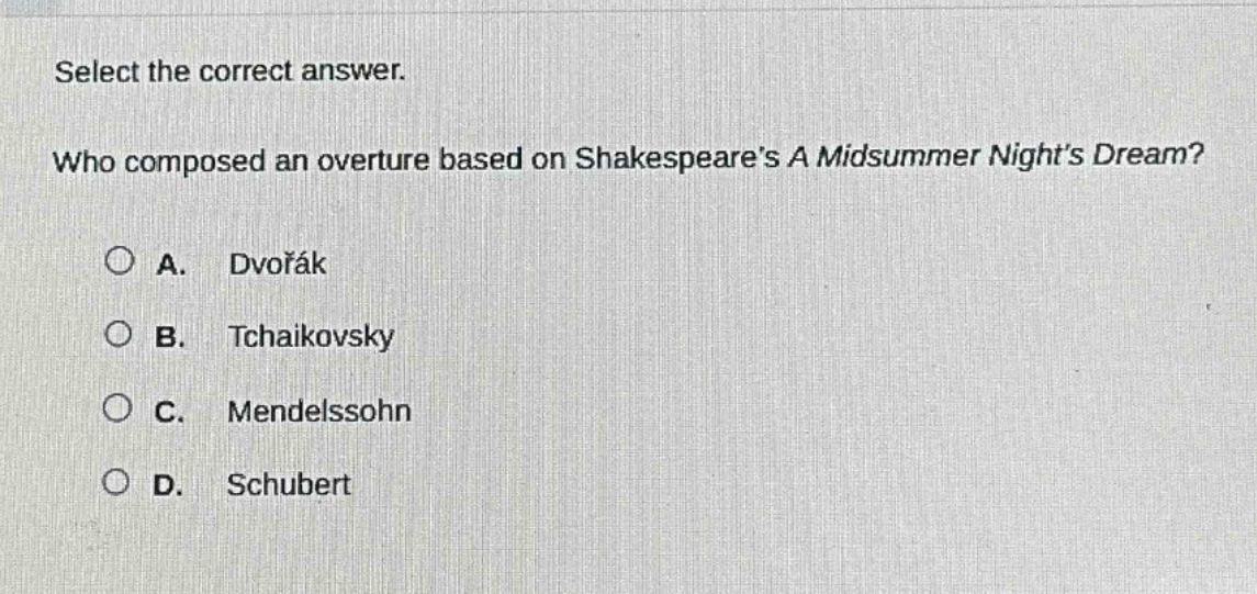 select the correct answer. who composed an overture based on shakespeares a midsummer nights dream? a. dvořák b. tchaikovsky c. mendelssohn d. schubert
