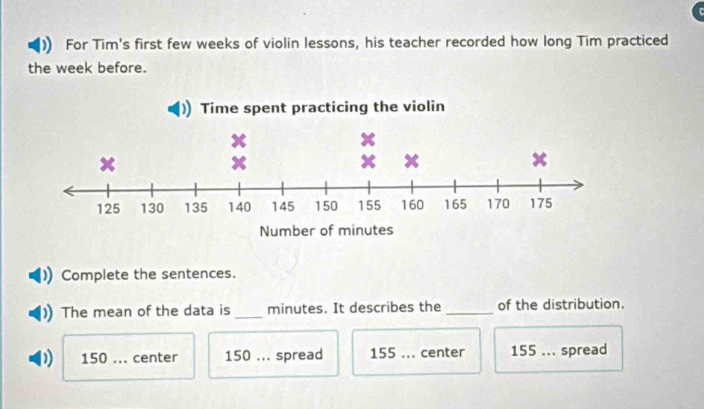 for tims first few weeks of violin lessons, his teacher recorded how long tim practiced the week before. time spent practicing the violin complete the sentences. the mean of the data is ___ minutes. it describes the ____ of the distribution. 150 ... center 150 ... spread 155 ... center 155 ... spread