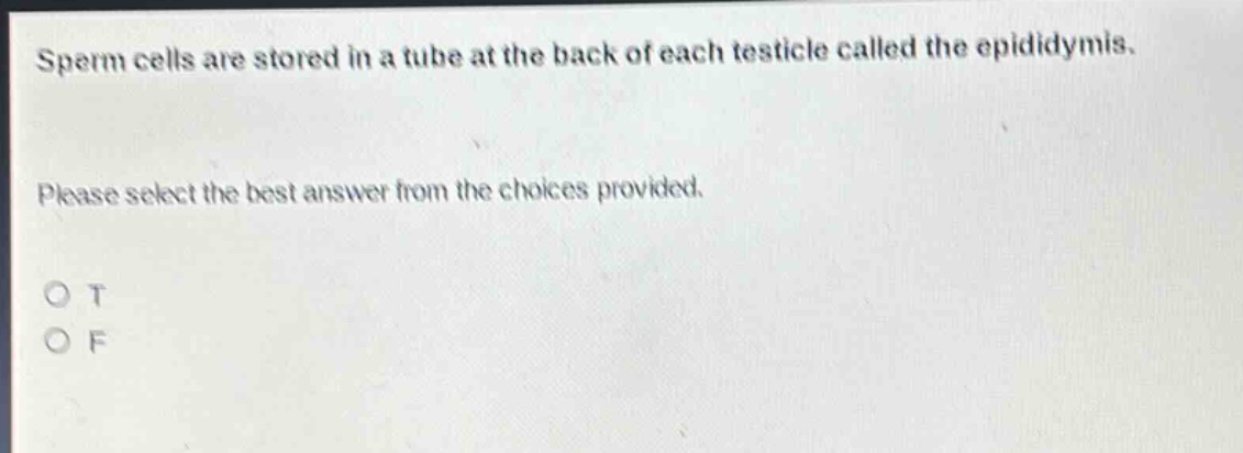 sperm cells are stored in a tube at the back of each testicle called the epididymis. please select the best answer from the choices provided. o t o f