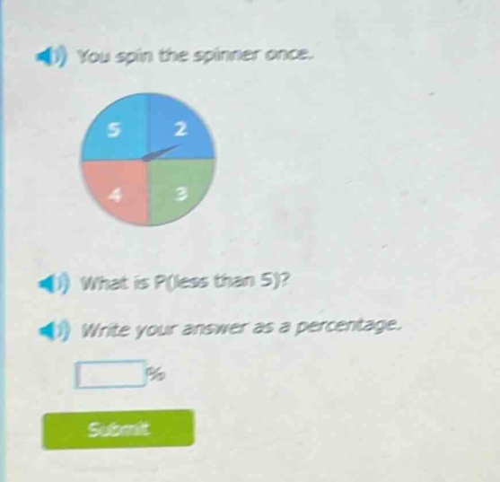 you spin the spinner once. what is p(less than 5)? write your answer as a percentage.