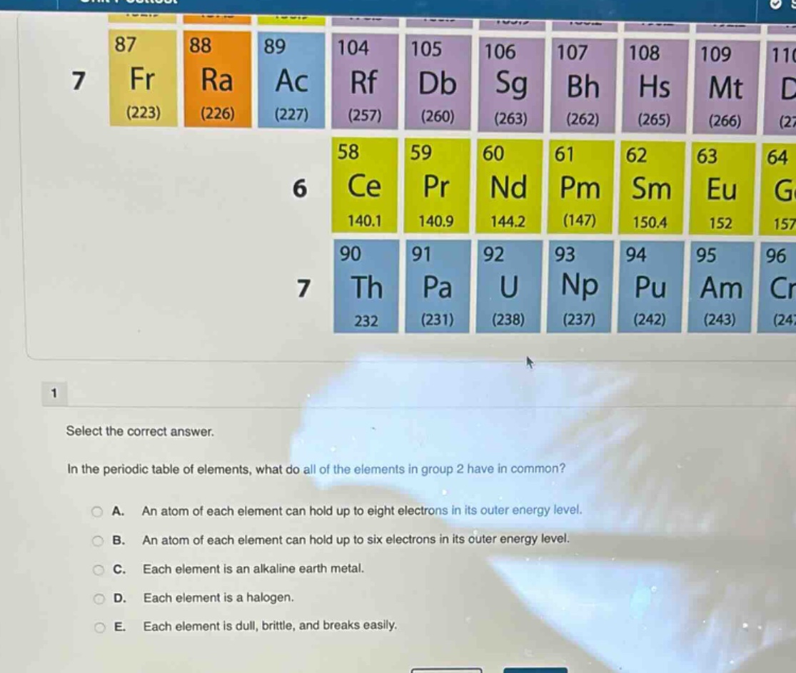 select the correct answer. in the periodic table of elements, what do all of the elements in group 2 have in common? a. an atom of each element can hold up to eight electrons in its outer energy level. b. an atom of each element can hold up to six electrons in its outer energy level. c. each element is an alkaline earth metal. d. each element is a halogen. e. each element is dull, brittle, and breaks easily.