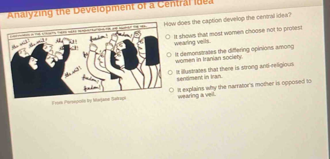 analyzing the development of a central idea\nhow does the caption develop the central idea?\nit shows that most women choose not to protest wearing veils.\nit demonstrates the differing opinions among women in iranian society.\nit illustrates that there is strong anti - religious sentiment in iran.\nit explains why the narrators mother is opposed to wearing a veil.\nfrom persepolis by marjane satrapi