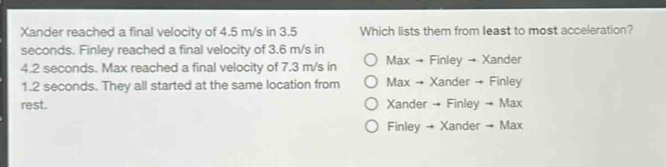 xander reached a final velocity of 4.5 m/s in 3.5 seconds. finley reached a final velocity of 3.6 m/s in 4.2 seconds. max reached a final velocity of 7.3 m/s in 1.2 seconds. they all started at the same location from rest. which lists them from least to most acceleration? max → finley → xander max → xander → finley xander → finley → max finley → xander → max