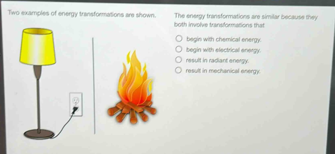 two examples of energy transformations are shown. the energy transformations are similar because they both involve transformations that begin with chemical energy. begin with electrical energy. result in radiant energy. result in mechanical energy.