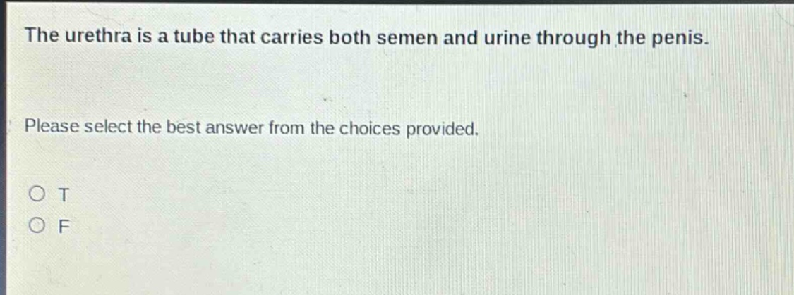 the urethra is a tube that carries both semen and urine through the penis. please select the best answer from the choices provided. o t o f