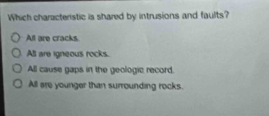 which characteristic is shared by intrusions and faults?\no all are cracks.\no all are igneous rocks.\no all cause gaps in the geologic record.\no all are younger than surrounding rocks.