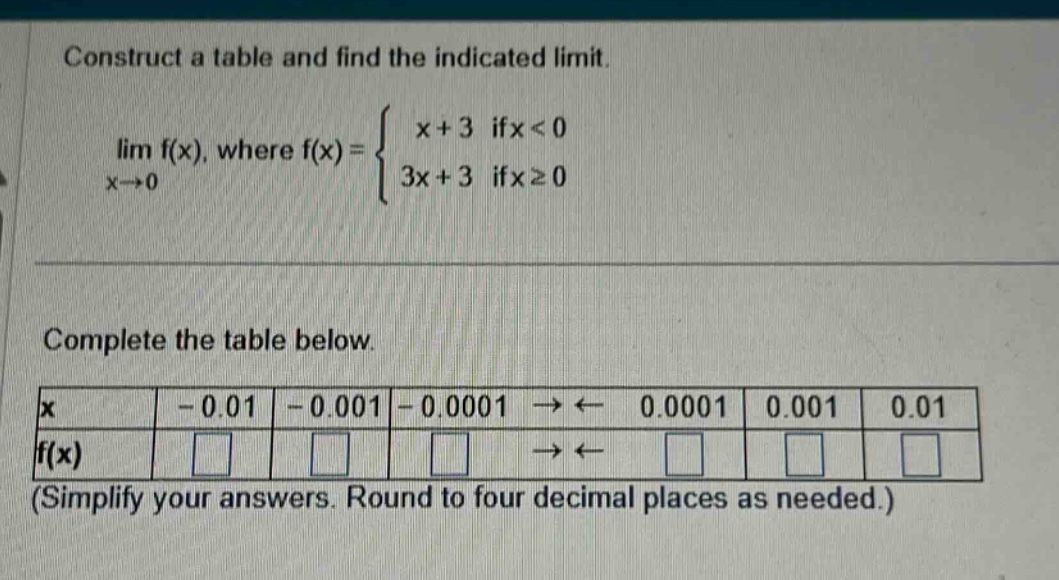 construct a table and find the indicated limit. lim f(x), where f(x)={x + 3 if x < 0; 3x + 3 if x >= 0} x→0 complete the table below. x -0.01 -0.001 -0.0001 →← 0.0001 0.001 0.01 f(x) (simplify your answers. round to four decimal places as needed.)