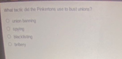what tactic did the pinkertons use to bust unions?\nunion banning\nspying\nblacklisting\nbribery