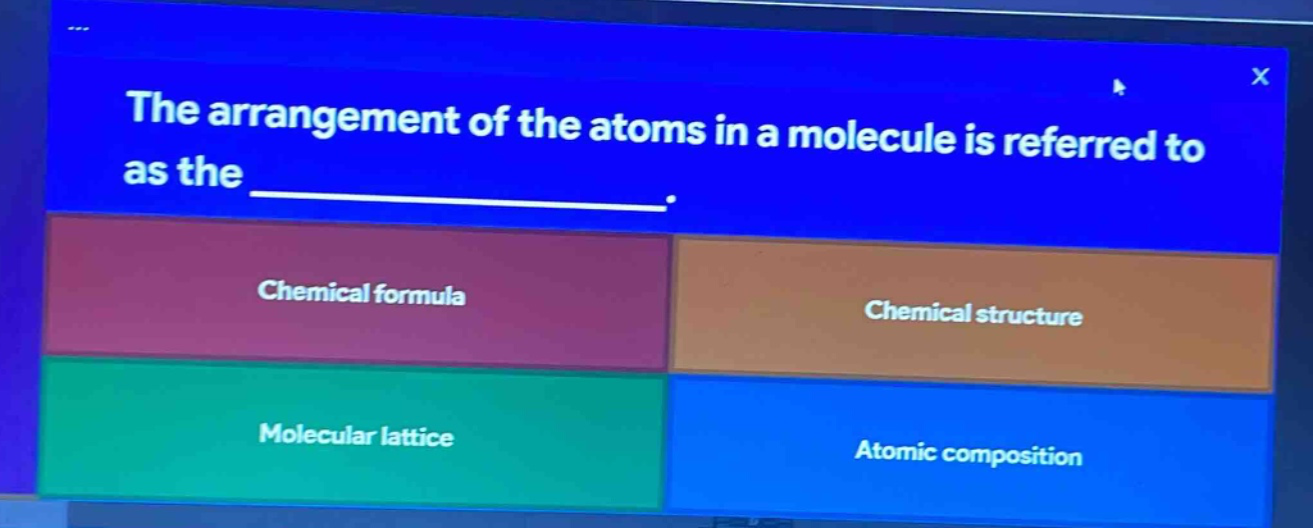 the arrangement of the atoms in a molecule is referred to as the _______________. chemical formula chemical structure molecular lattice atomic composition