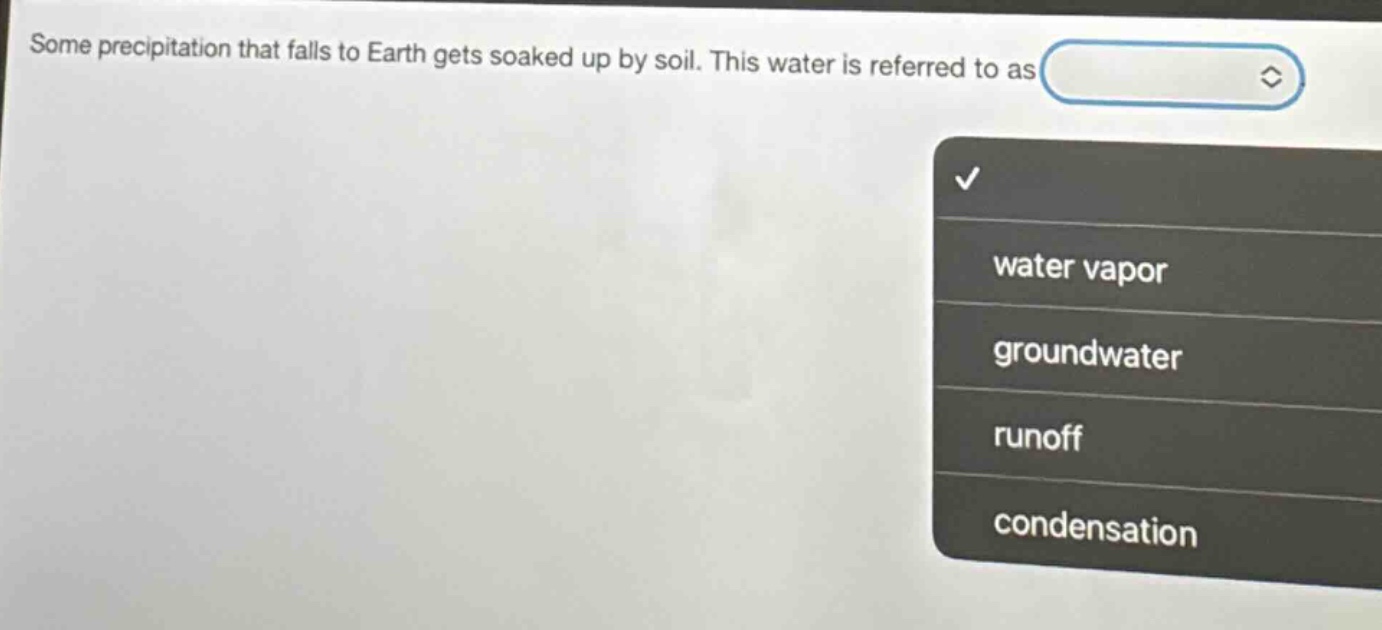some precipitation that falls to earth gets soaked up by soil. this water is referred to as water vapor groundwater runoff condensation