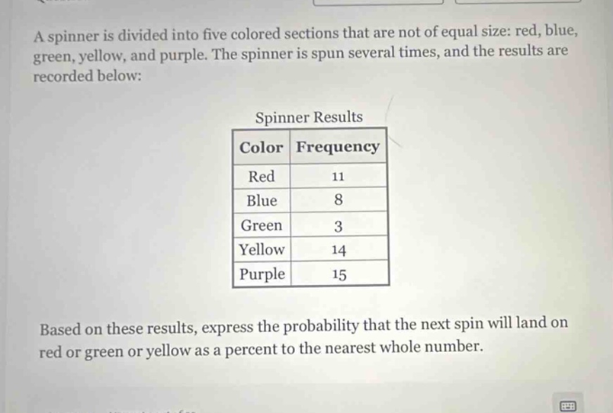 a spinner is divided into five colored sections that are not of equal size: red, blue, green, yellow, and purple. the spinner is spun several times, and the results are recorded below: spinner results color frequency red 11 blue 8 green 3 yellow 14 purple 15 based on these results, express the probability that the next spin will land on red or green or yellow as a percent to the nearest whole number.