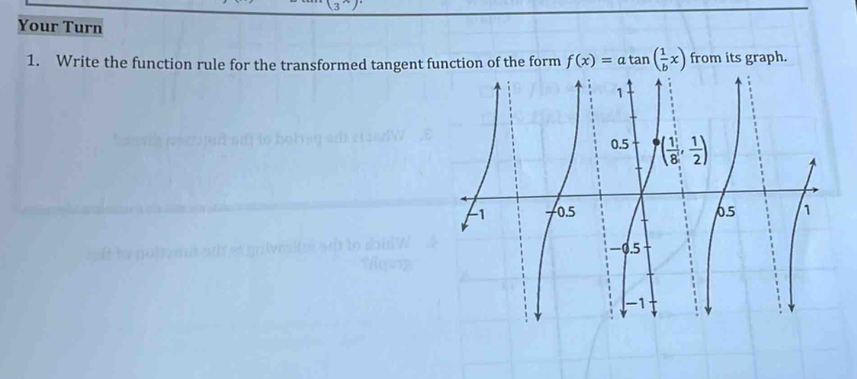 your turn\n1. write the function rule for the transformed tangent function of the form f(x)=a tan(1/b x) from its graph.