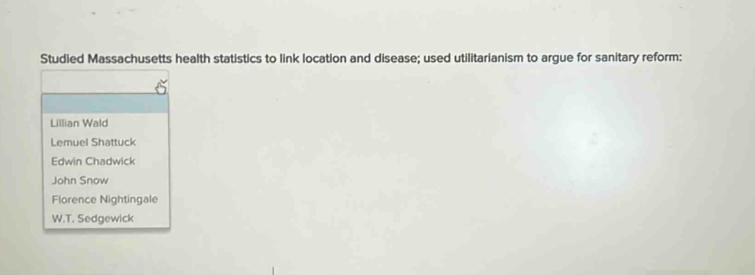 studied massachusetts health statistics to link location and disease; used utilitarianism to argue for sanitary reform: lillian wald lemuel shattuck edwin chadwick john snow florence nightingale w.t. sedgewick