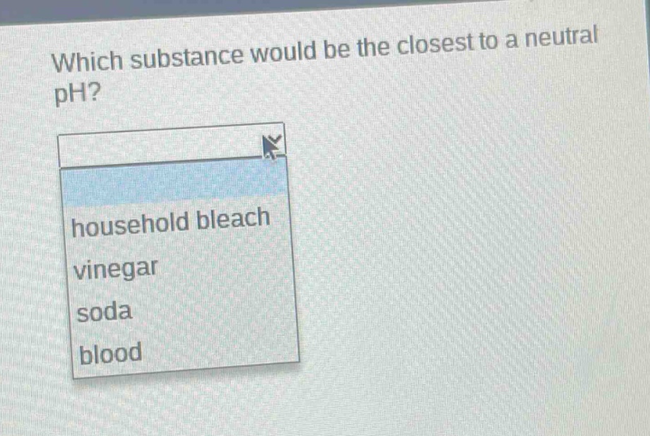 which substance would be the closest to a neutral ph? household bleach vinegar soda blood