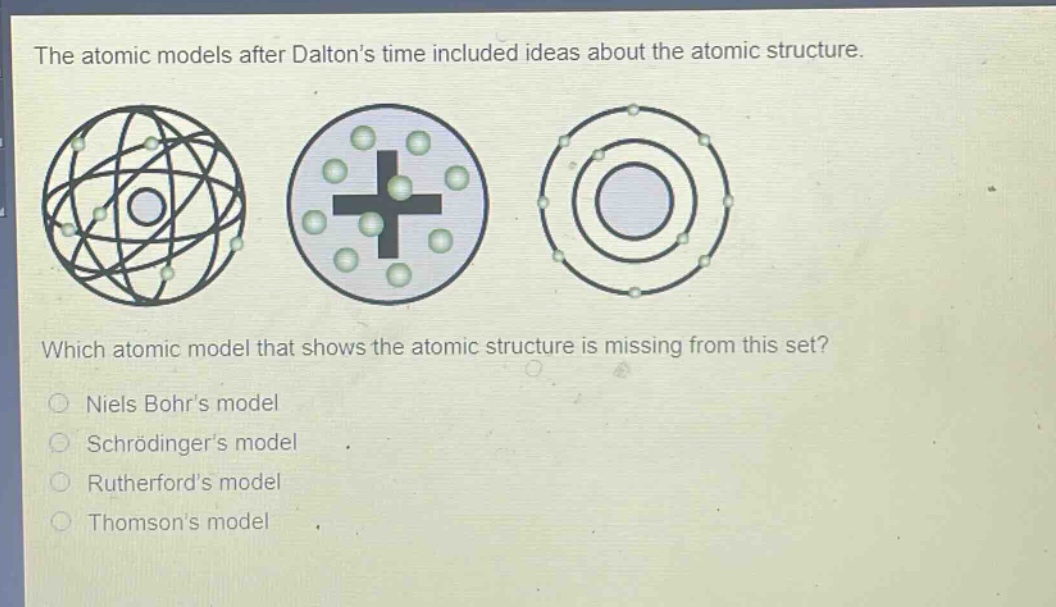 the atomic models after daltons time included ideas about the atomic structure. which atomic model that shows the atomic structure is missing from this set? niels bohrs model schrodingers model rutherfords model thomsons model