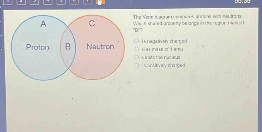 the venn diagram compares protons with neutrons. which shared property belongs in the region marked \b\? is negatively charged has mass of 1 amu orbits the nucleus is positively charged