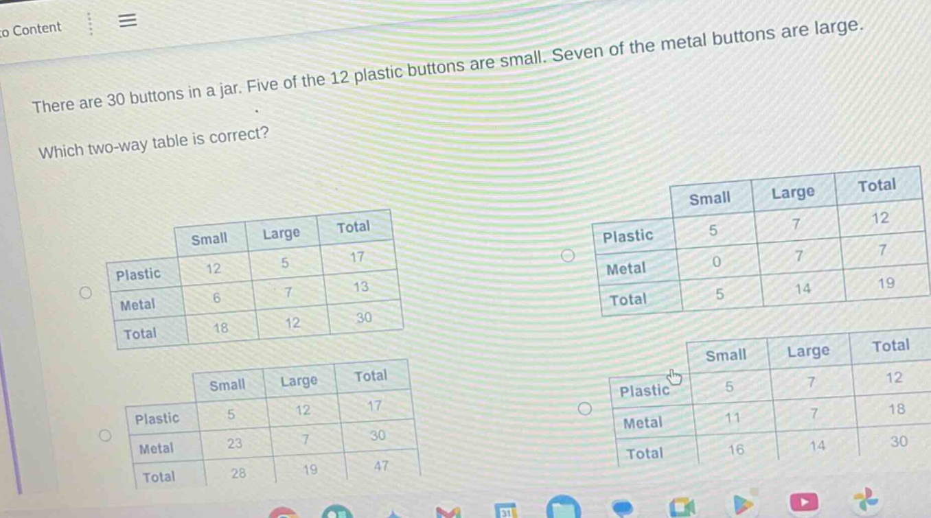 there are 30 buttons in a jar. five of the 12 plastic buttons are small. seven of the metal buttons are large. which two - way table is correct?