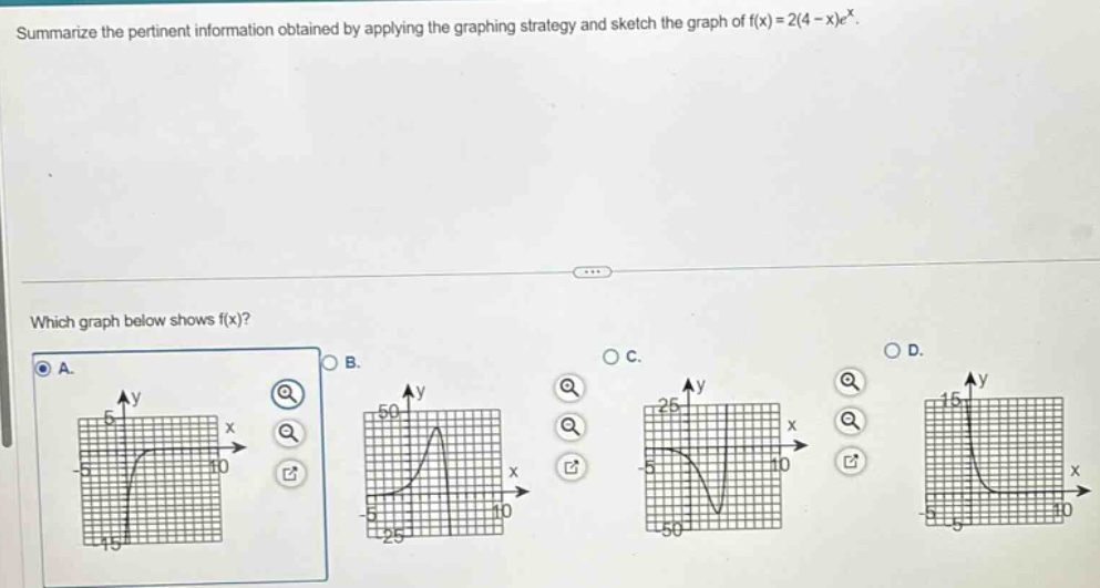 summarize the pertinent information obtained by applying the graphing strategy and sketch the graph of f(x)=2(4 - x)e^x. which graph below shows f(x)?