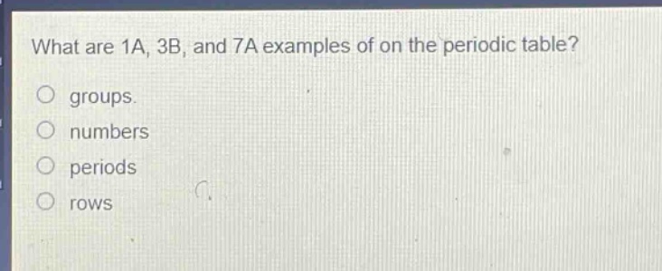 what are 1a, 3b, and 7a examples of on the periodic table?\no groups.\no numbers\no periods\no rows
