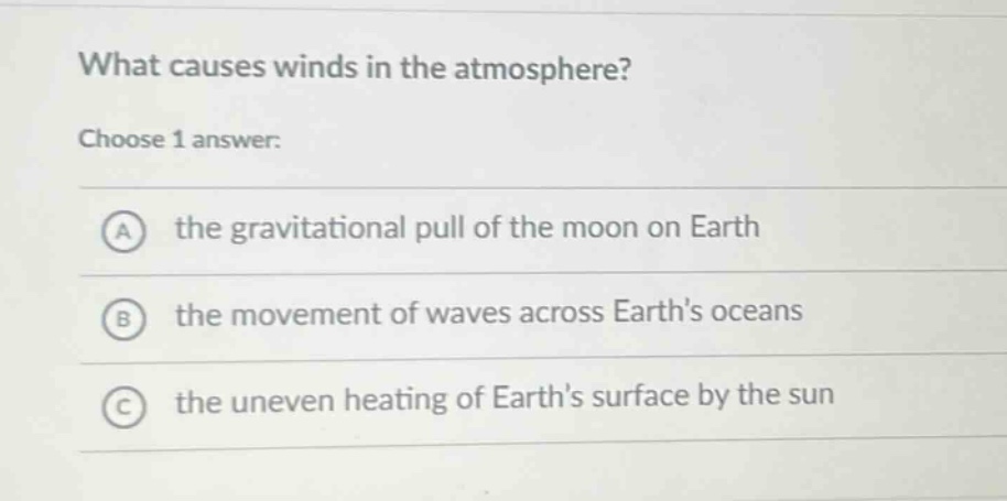 what causes winds in the atmosphere? choose 1 answer: a the gravitational pull of the moon on earth b the movement of waves across earth’s oceans c the uneven heating of earth’s surface by the sun