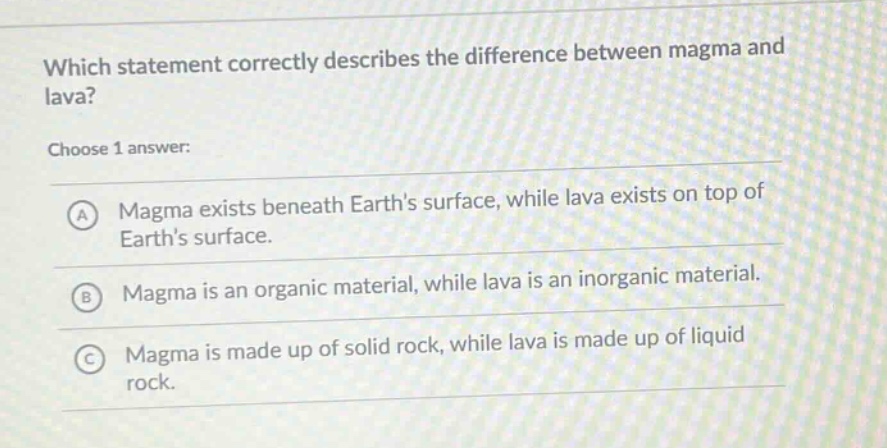 which statement correctly describes the difference between magma and lava? choose 1 answer: a magma exists beneath earths surface, while lava exists on top of earths surface. b magma is an organic material, while lava is an inorganic material. c magma is made up of solid rock, while lava is made up of liquid rock.