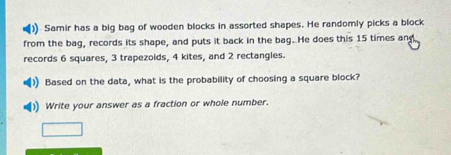 samir has a big bag of wooden blocks in assorted shapes. he randomly picks a block from the bag, records its shape, and puts it back in the bag. he does this 15 times and records 6 squares, 3 trapezoids, 4 kites, and 2 rectangles. based on the data, what is the probability of choosing a square block? write your answer as a fraction or whole number.