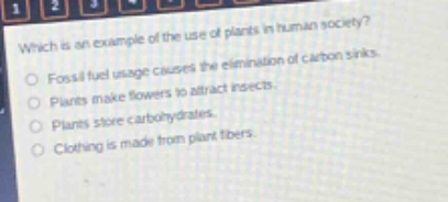 which is an example of the use of plants in human society?\nfossil fuel usage causes the elimination of carbon sinks.\nplants make flowers to attract insects.\nplants store carbohydrates.\nclothing is made from plant fibers.