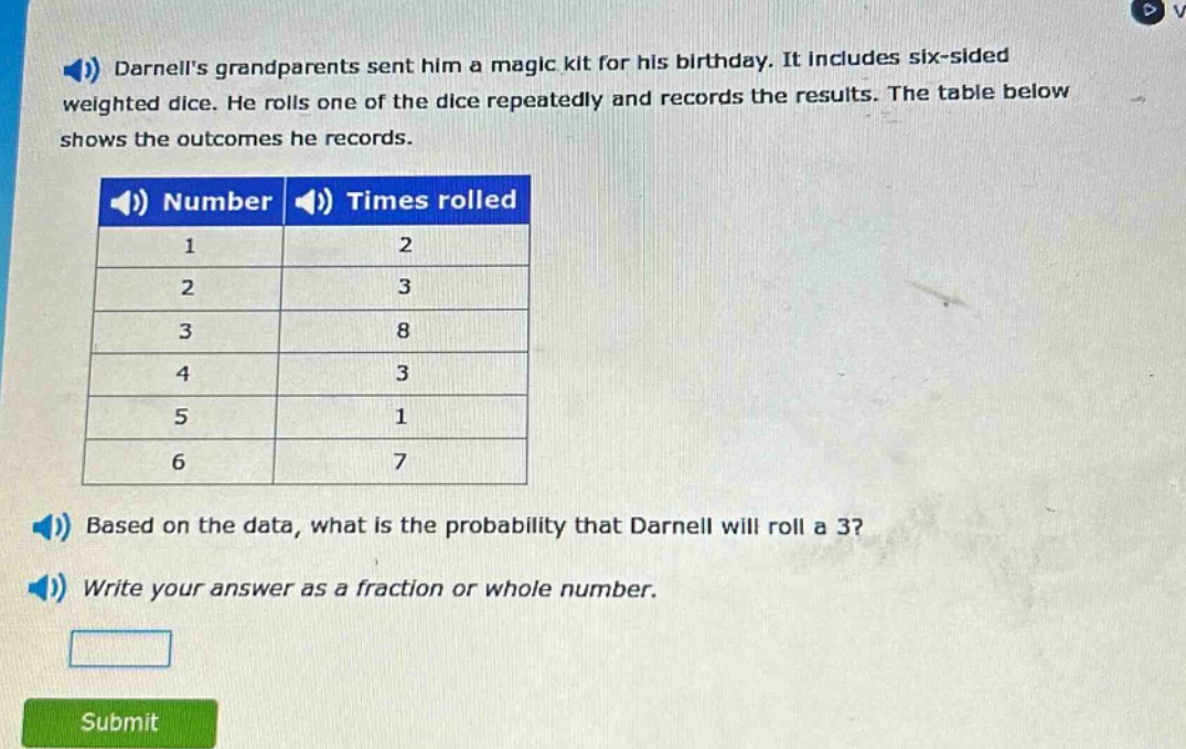 darnells grandparents sent him a magic kit for his birthday. it includes six - sided weighted dice. he rolls one of the dice repeatedly and records the results. the table below shows the outcomes he records. number times rolled 1 2 2 3 3 8 4 3 5 1 6 7 based on the data, what is the probability that darnell will roll a 3? write your answer as a fraction or whole number.