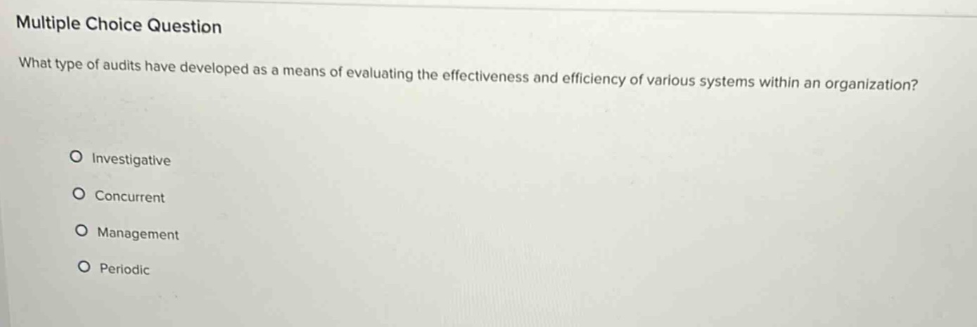 multiple choice question what type of audits have developed as a means of evaluating the effectiveness and efficiency of various systems within an organization? investigative concurrent management periodic