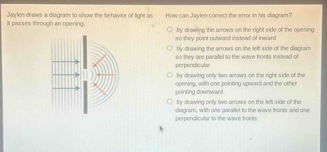 jaylen draws a diagram to show the behavior of light as it passes through an opening. how can jaylen correct the error in his diagram? by drawing the arrows on the right side of the opening so they point outward instead of inward by drawing the arrows on the left side of the diagram so they are parallel to the wave fronts instead of perpendicular by drawing only two arrows on the right side of the opening, with one pointing upward and the other pointing downward by drawing only two arrows on the left side of the diagram, with one parallel to the wave fronts and one perpendicular to the wave fronts