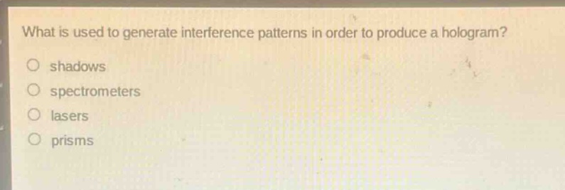 what is used to generate interference patterns in order to produce a hologram?\nshadows\nspectrometers\nlasers\nprisms